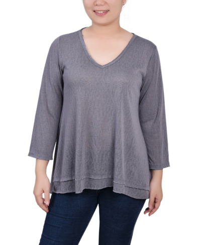 Ny Collection Petite 3/4 Sleeve V-neck Top In Steel Gray