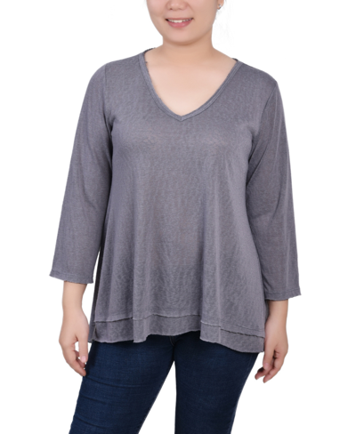 Ny Collection Petite 3/4 Sleeve V-neck Top In Gray