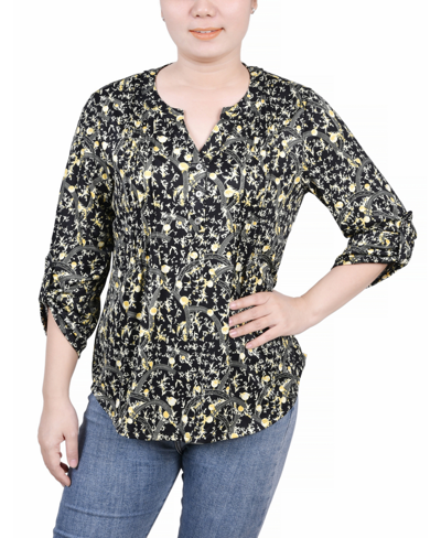 Ny Collection Women's 3/4 Roll Tab Sleeve Y-neck Top In Navy Gold-tone Damask