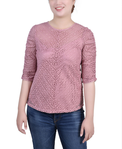 Ny Collection Plus Size Rouched Sleeve Lace Top In Lilas
