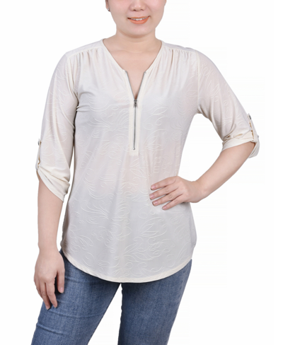 Ny Collection Petite 3/4 Roll Tab Zip Front Jacquard Knit Top In White