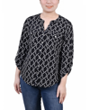 Ny Collection Women's 3/4 Roll Tab Sleeve Mandarin Collar Blouse In Black White Line Abstract Line