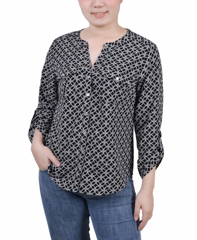 Ny Collection Women's 3/4 Roll Tab Sleeve Mandarin Collar Blouse In Black White Rope Iconic