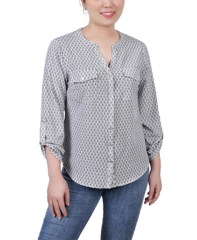 Ny Collection Petite 3/4 Sleeve Roll Tab Y Neck Blouse In Black White Abstract