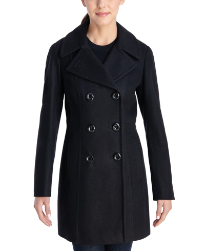 Anne Klein Women's Petite Double-breasted Peacoat, Created For Macy's In Black