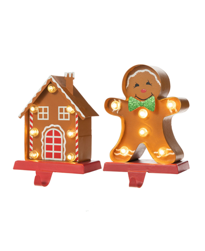 Glitzhome Marquee Led Gingerbread House Gingerbread Man Christmas Stocking Holder Set, 2 Piece In Orange