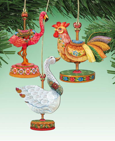 Designocracy Rooster, Goose, Pelican Christmas Carousel Holiday Ornaments, Set Of 3 In Multi Color