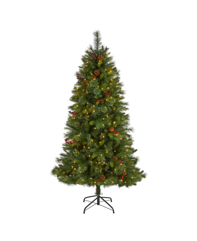 Nearly Natural Aberdeen Spruce Artificial Christmas Tree With Lights, Pinecones And Red Berries, 72" In Green