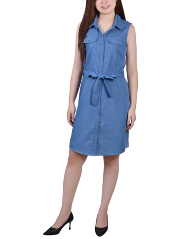 Ny Collection Petite Sleeveless Belted Chambray Dress In Med Denim