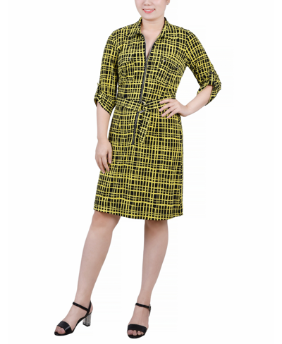 Ny Collection Petite Belted Roll Tab Zip Front Shirtdress In Golden-tone Viewbox