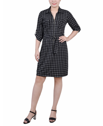 Ny Collection Petite Belted Roll Tab Zip Front Shirtdress In Black,white Line Box