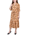 Ny Collection Petite Long Sleeve Tiered Dress With Belt In Black/gold-tone White
