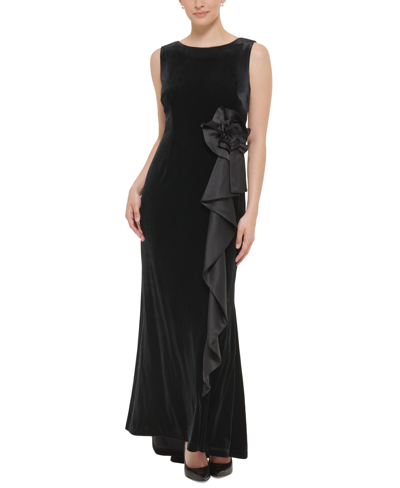 Jessica Howard Petite Ruffle-trim Velvet Sleeveless Dress In Black