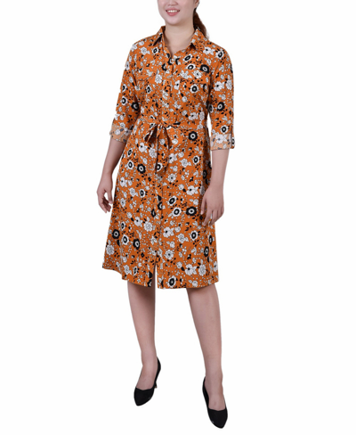 Ny Collection Women's 3/4 Sleeve Roll Tab Shirtdress With Belt In Mustard Black Floral