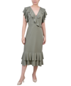 Ny Collection Women's Short Flutter Sleeve Ruffle Neck Dress In Oil Green