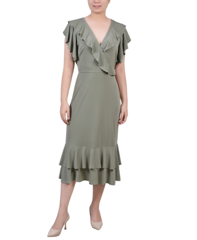 Ny Collection Women's Short Flutter Sleeve Ruffle Neck Dress In Oil Green
