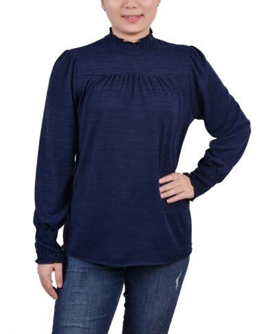 Ny Collection Women's Long Sleeve Top With Smocking Details In Blue