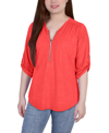 Ny Collection Women's 3/4 Roll Tab Zip Front Jacquard Knit Top In Bittersweet