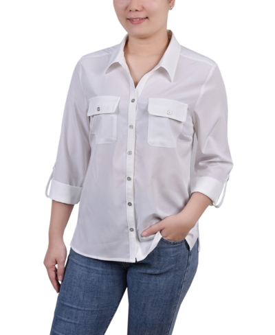 Ny Collection Women's 3/4 Roll Tab Blouse With Pockets In Atlas Ivory