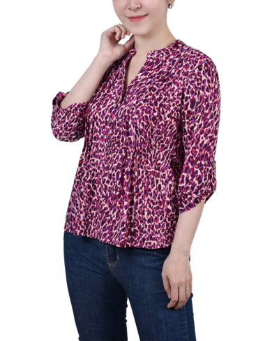 Ny Collection Petite 3/4 Roll Tab Sleeve Printed Pintuck Top In Plum Leopard