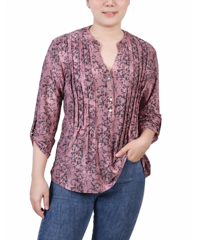 Ny Collection Petite 3/4 Roll Tab Sleeve Printed Pintuck Top In Mauve Floral