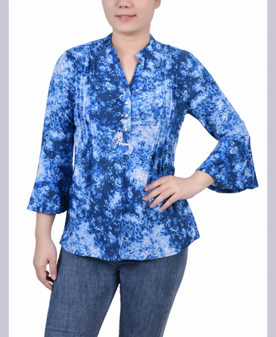 Ny Collection Petite 3/4 Bell Sleeve Printed Pleat Front Y-neck Top In Blue Flower