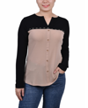 Ny Collection Petite Long Sleeve Studded Colorblocked Split Neck Top In Doeskin