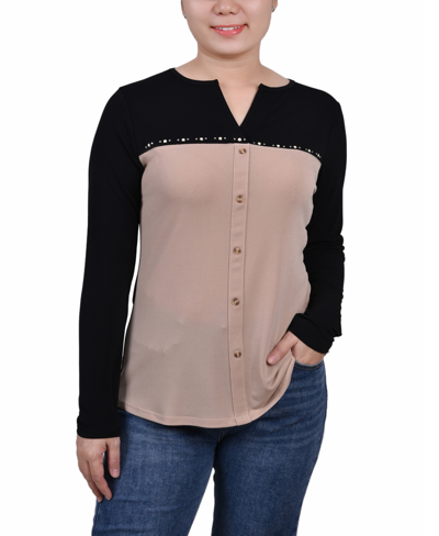 Ny Collection Petite Long Sleeve Studded Colorblocked Split Neck Top In Doeskin