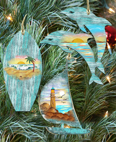 Designocracy Surfboard, Sailboat, Dolphins Holiday Ornaments, Set Of 3 In Multi Color