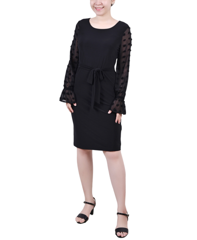 Ny Collection Plus Size Long Chiffon-sleeve Knit Dress In Black