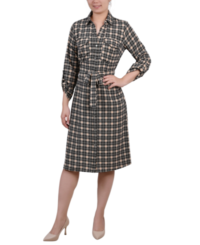 Ny Collection Women's 3/4 Sleeve Roll Tab Shirtdress With Belt In Beige Jet Benplaid