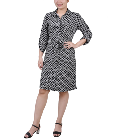 Ny Collection Petite 3/4-sleeve Printed Shirt Dress In Black Leosnake