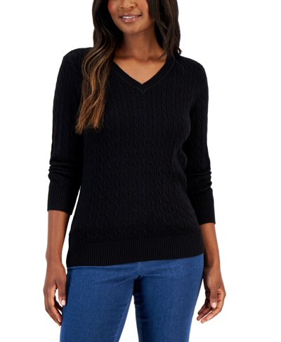 Karen Scott Petite Cotton V-neck Ribbed Sweater, Created For Macy's In Deep Black