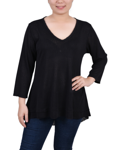 Ny Collection Petite 3/4 Sleeve V-neck Top In Black