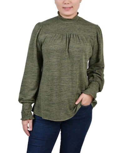 Ny Collection Plus Size Long Sleeve Top With Smocking Details In Olivine