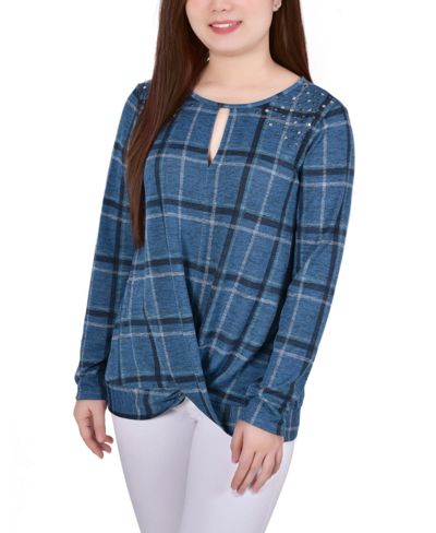 Ny Collection Plus Size Long Sleeve Knit Keyhole Top With Studs In Denim Plaid