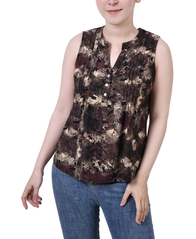 Ny Collection Petite Sleeveless Jacquard Y-neck Top In Khaki Milaflor
