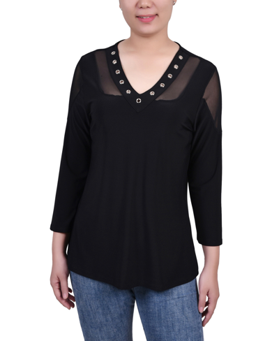Ny Collection Women's Long Sleeve Top With Mesh Insets In Black