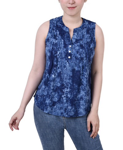 Ny Collection Petite Sleeveless Jacquard Y-neck Top In Blue