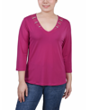 Ny Collection Women's 3/4 Sleeve Tunic With Illusion Neckline And Stones In Pink