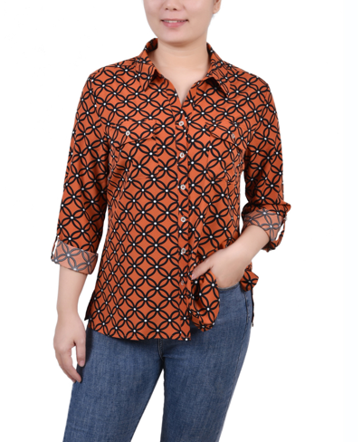 Ny Collection Petite 3/4 Sleeve Roll Tab Notch Collar Blouse In Spice Route Black Iconic