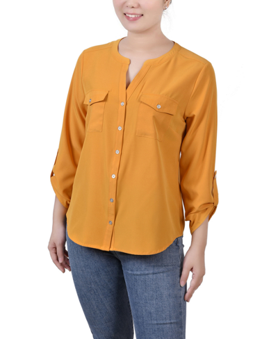Ny Collection Petite Size 3/4 Sleeve Roll Tab Y-neck Blouse In Golden-tone Glow