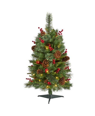 Nearly Natural Norway Mixed Pine Artificial Christmas Tree With Lights, Pine Cones And Berries, 36" In Green