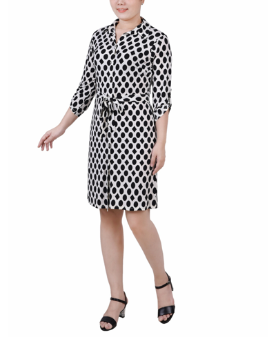 Ny Collection Petite 3/4-sleeve Printed Shirt Dress In Circles And Diamonds