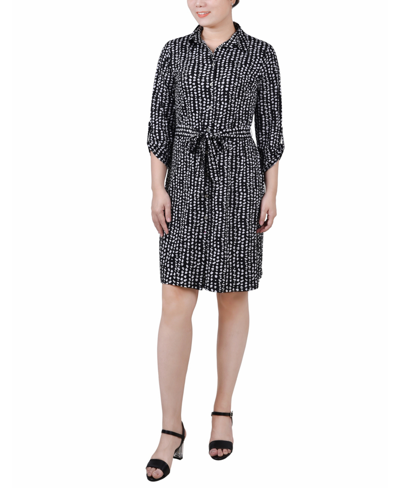 Ny Collection Petite 3/4-sleeve Printed Shirt Dress In Jet Snowpop