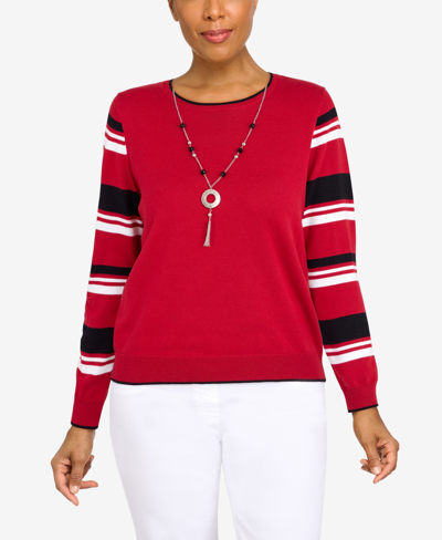 Alfred Dunner Petite Size Classics Striped Sleeve Sweater In Crimson/black