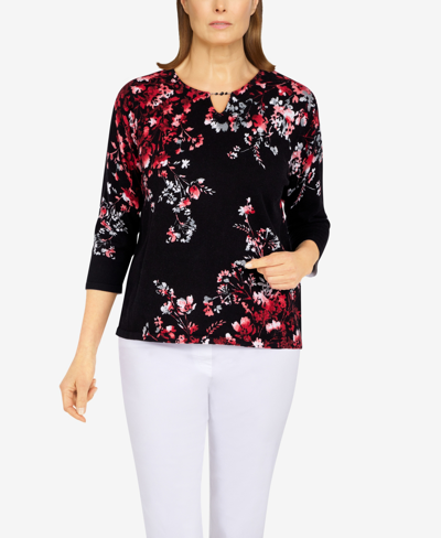Alfred Dunner Petite Size Classics Asymmetric Floral Print Sweater In Black/red
