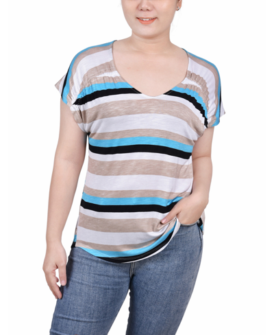 Ny Collection Petite Short Sleeve Striped V-neck Top In Multi