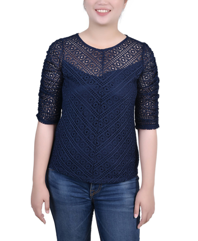 Ny Collection Women's Rouched Sleeve Lace Top In Navy Blazer
