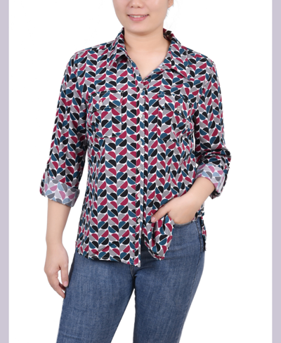 Ny Collection Plus Size 3/4 Sleeve Roll Tab Notch Collar Blouse In Beet Red,white Half Ball Geo